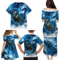 Tui Bird New Zealand Christmas In July Family Matching Puletasi and Hawaiian Shirt NZ Aroha Koru Fern Marble Vibes LT14 Mom's Dress Blue - Polynesian Pride