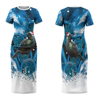 Tui Bird New Zealand Christmas In July Family Matching Short Sleeve Bodycon Dress and Hawaiian Shirt NZ Aroha Koru Fern Marble Vibes LT14 Mom's Dress Blue - Polynesian Pride