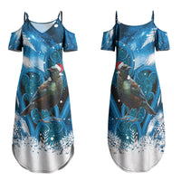 Tui Bird New Zealand Christmas In July Family Matching Summer Maxi Dress and Hawaiian Shirt NZ Aroha Koru Fern Marble Vibes LT14 Mom's Dress Blue - Polynesian Pride
