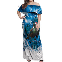 Tui Bird New Zealand Christmas In July Off Shoulder Maxi Dress NZ Aroha Koru Fern Marble Vibes LT14 Women Blue - Polynesian Pride