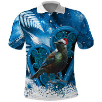 Tui Bird New Zealand Christmas In July Polo Shirt NZ Aroha Koru Fern Marble Vibes LT14 Blue - Polynesian Pride