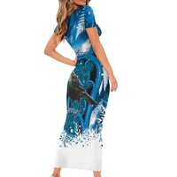 Tui Bird New Zealand Christmas In July Short Sleeve Bodycon Dress NZ Aroha Koru Fern Marble Vibes