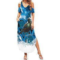 Tui Bird New Zealand Christmas In July Summer Maxi Dress NZ Aroha Koru Fern Marble Vibes LT14 Women Blue - Polynesian Pride