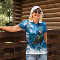 Tui Bird New Zealand Christmas In July Women Polo Shirt NZ Aroha Koru Fern Marble Vibes