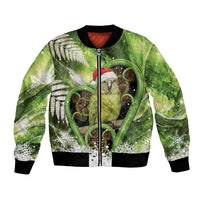 Kakapo New Zealand Christmas In July Bomber Jacket NZ Aroha Koru Fern Marble Vibes