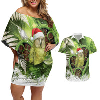 Kakapo New Zealand Christmas In July Couples Matching Off Shoulder Short Dress and Hawaiian Shirt NZ Aroha Koru Fern Marble Vibes LT14 Green - Polynesian Pride