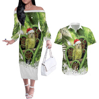 Kakapo New Zealand Christmas In July Couples Matching Off The Shoulder Long Sleeve Dress and Hawaiian Shirt NZ Aroha Koru Fern Marble Vibes LT14 Green - Polynesian Pride
