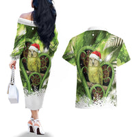 Kakapo New Zealand Christmas In July Couples Matching Off The Shoulder Long Sleeve Dress and Hawaiian Shirt NZ Aroha Koru Fern Marble Vibes LT14 - Polynesian Pride