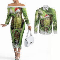 Kakapo New Zealand Christmas In July Couples Matching Off The Shoulder Long Sleeve Dress and Long Sleeve Button Shirt NZ Aroha Koru Fern Marble Vibes LT14 Green - Polynesian Pride