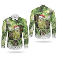 Kakapo New Zealand Christmas In July Couples Matching Off The Shoulder Long Sleeve Dress and Long Sleeve Button Shirt NZ Aroha Koru Fern Marble Vibes LT14 - Polynesian Pride