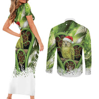 Kakapo New Zealand Christmas In July Couples Matching Short Sleeve Bodycon Dress and Long Sleeve Button Shirt NZ Aroha Koru Fern Marble Vibes