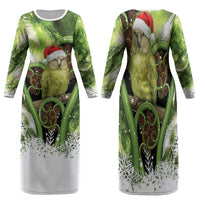 Kakapo New Zealand Christmas In July Family Matching Long Sleeve Bodycon Dress and Hawaiian Shirt NZ Aroha Koru Fern Marble Vibes LT14 Mom's Dress Green - Polynesian Pride