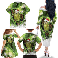 Kakapo New Zealand Christmas In July Family Matching Off The Shoulder Long Sleeve Dress and Hawaiian Shirt NZ Aroha Koru Fern Marble Vibes LT14 Mom's Dress Green - Polynesian Pride