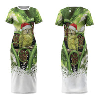 Kakapo New Zealand Christmas In July Family Matching Short Sleeve Bodycon Dress and Hawaiian Shirt NZ Aroha Koru Fern Marble Vibes LT14 Mom's Dress Green - Polynesian Pride