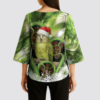Kakapo New Zealand Christmas In July Kimono Sleeve Blouse NZ Aroha Koru Fern Marble Vibes