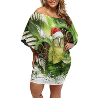 Kakapo New Zealand Christmas In July Off Shoulder Short Dress NZ Aroha Koru Fern Marble Vibes LT14 Women Green - Polynesian Pride