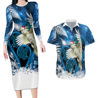 Sulphur-crested Cockatoo New Zealand Christmas In July Couples Matching Long Sleeve Bodycon Dress and Hawaiian Shirt NZ Aroha Koru Fern Marble Vibes LT14 Blue - Polynesian Pride