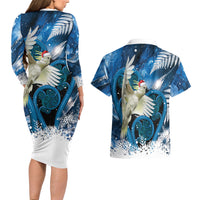 Sulphur-crested Cockatoo New Zealand Christmas In July Couples Matching Long Sleeve Bodycon Dress and Hawaiian Shirt NZ Aroha Koru Fern Marble Vibes LT14 - Polynesian Pride
