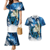 Sulphur-crested Cockatoo New Zealand Christmas In July Couples Matching Mermaid Dress and Hawaiian Shirt NZ Aroha Koru Fern Marble Vibes LT14 Blue - Polynesian Pride