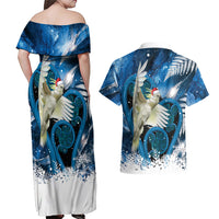 Sulphur-crested Cockatoo New Zealand Christmas In July Couples Matching Off Shoulder Maxi Dress and Hawaiian Shirt NZ Aroha Koru Fern Marble Vibes
