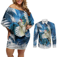Sulphur-crested Cockatoo New Zealand Christmas In July Couples Matching Off Shoulder Short Dress and Long Sleeve Button Shirt NZ Aroha Koru Fern Marble Vibes LT14 Blue - Polynesian Pride