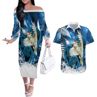 Sulphur-crested Cockatoo New Zealand Christmas In July Couples Matching Off The Shoulder Long Sleeve Dress and Hawaiian Shirt NZ Aroha Koru Fern Marble Vibes LT14 Blue - Polynesian Pride