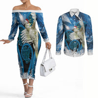 Sulphur-crested Cockatoo New Zealand Christmas In July Couples Matching Off The Shoulder Long Sleeve Dress and Long Sleeve Button Shirt NZ Aroha Koru Fern Marble Vibes LT14 Blue - Polynesian Pride