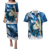 Sulphur-crested Cockatoo New Zealand Christmas In July Couples Matching Puletasi and Hawaiian Shirt NZ Aroha Koru Fern Marble Vibes LT14 Blue - Polynesian Pride