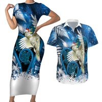 Sulphur-crested Cockatoo New Zealand Christmas In July Couples Matching Short Sleeve Bodycon Dress and Hawaiian Shirt NZ Aroha Koru Fern Marble Vibes LT14 Blue - Polynesian Pride