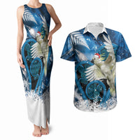 Sulphur-crested Cockatoo New Zealand Christmas In July Couples Matching Tank Maxi Dress and Hawaiian Shirt NZ Aroha Koru Fern Marble Vibes LT14 Blue - Polynesian Pride