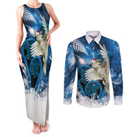 Sulphur-crested Cockatoo New Zealand Christmas In July Couples Matching Tank Maxi Dress and Long Sleeve Button Shirt NZ Aroha Koru Fern Marble Vibes LT14 Blue - Polynesian Pride