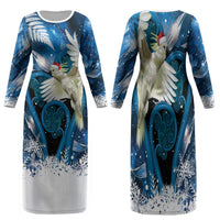 Sulphur-crested Cockatoo New Zealand Christmas In July Family Matching Long Sleeve Bodycon Dress and Hawaiian Shirt NZ Aroha Koru Fern Marble Vibes LT14 Mom's Dress Blue - Polynesian Pride
