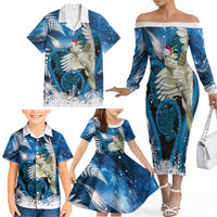Sulphur-crested Cockatoo New Zealand Christmas In July Family Matching Off The Shoulder Long Sleeve Dress and Hawaiian Shirt NZ Aroha Koru Fern Marble Vibes LT14 - Polynesian Pride