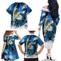 Sulphur-crested Cockatoo New Zealand Christmas In July Family Matching Off The Shoulder Long Sleeve Dress and Hawaiian Shirt NZ Aroha Koru Fern Marble Vibes LT14 Mom's Dress Blue - Polynesian Pride