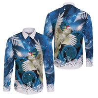 Sulphur-crested Cockatoo New Zealand Christmas In July Family Matching Off Shoulder Short Dress and Hawaiian Shirt NZ Aroha Koru Fern Marble Vibes LT14 Dad's Shirt - Long Sleeve Blue - Polynesian Pride