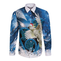 Sulphur-crested Cockatoo New Zealand Christmas In July Long Sleeve Button Shirt NZ Aroha Koru Fern Marble Vibes LT14 Unisex Blue - Polynesian Pride