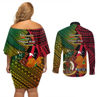 Vanuatu and Papua New Guinea Couples Matching Off Shoulder Short Dress and Long Sleeve Button Shirts Vanuatuan With PNG Polynesian Pattern LT14 - Polynesian Pride