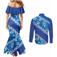 Vintage Blue Polynesia Couples Matching Mermaid Dress and Long Sleeve Button Shirt Plumeria With Hibiscus Tropical Vibes