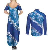 Vintage Blue Polynesia Couples Matching Summer Maxi Dress and Long Sleeve Button Shirt Plumeria With Hibiscus Tropical Vibes