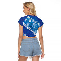 Vintage Blue Polynesia Raglan Cropped T Shirt Plumeria With Hibiscus Tropical Vibes LT14 - Polynesian Pride