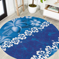 Vintage Blue Polynesia Round Carpet Plumeria With Hibiscus Tropical Vibes LT14 Blue - Polynesian Pride