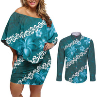 Vintage Dark Cyan Polynesia Couples Matching Off Shoulder Short Dress and Long Sleeve Button Shirt Plumeria With Hibiscus Tropical Vibes