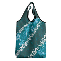 Vintage Dark Cyan Polynesia Grocery Bag Plumeria With Hibiscus Tropical Vibes