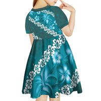 Vintage Dark Cyan Polynesia Kid Short Sleeve Dress Plumeria With Hibiscus Tropical Vibes LT14 - Polynesian Pride