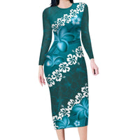Vintage Dark Cyan Polynesia Long Sleeve Bodycon Dress Plumeria With Hibiscus Tropical Vibes