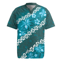 Vintage Dark Cyan Polynesia Rugby Jersey Plumeria With Hibiscus Tropical Vibes