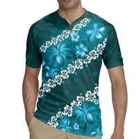 Vintage Dark Cyan Polynesia Rugby Jersey Plumeria With Hibiscus Tropical Vibes