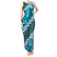 Vintage Dark Cyan Polynesia Tank Maxi Dress Plumeria With Hibiscus Tropical Vibes