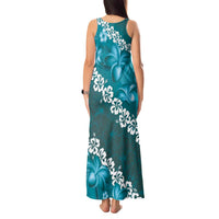 Vintage Dark Cyan Polynesia Tank Maxi Dress Plumeria With Hibiscus Tropical Vibes
