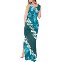 Vintage Dark Cyan Polynesia Tank Maxi Dress Plumeria With Hibiscus Tropical Vibes